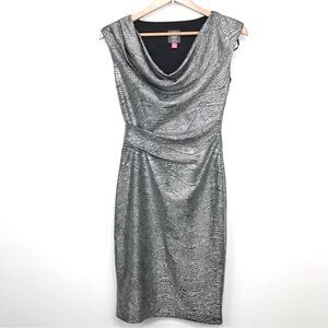 Vince Camuto Silver Sparkle Drape Neck Sleeveless Pencil Dress
